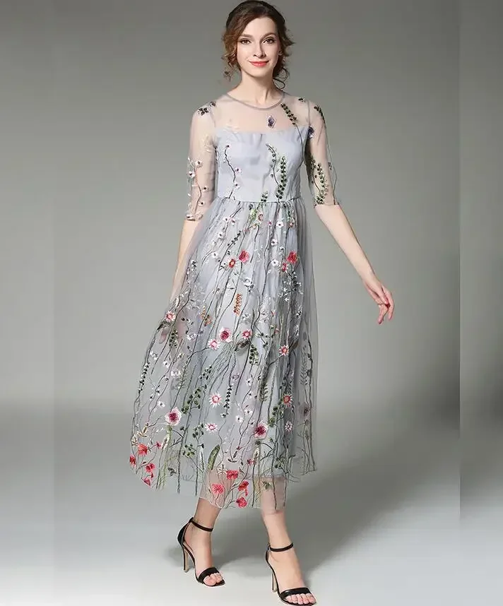 2024 Spring New Heavy Industry Tulle Embroidery Flower Elegant Goddess Fan Long Skirt Dress White Bodycon Summer Traf Veste