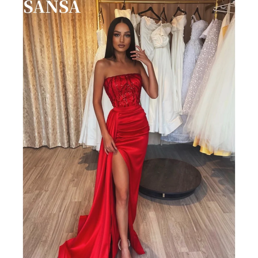 Sansa Formal A-Line Imitate Lace Porm Dress Customized Floor-Length High Side Splite Wedding Dress Strapless Vestidos De Fiesta