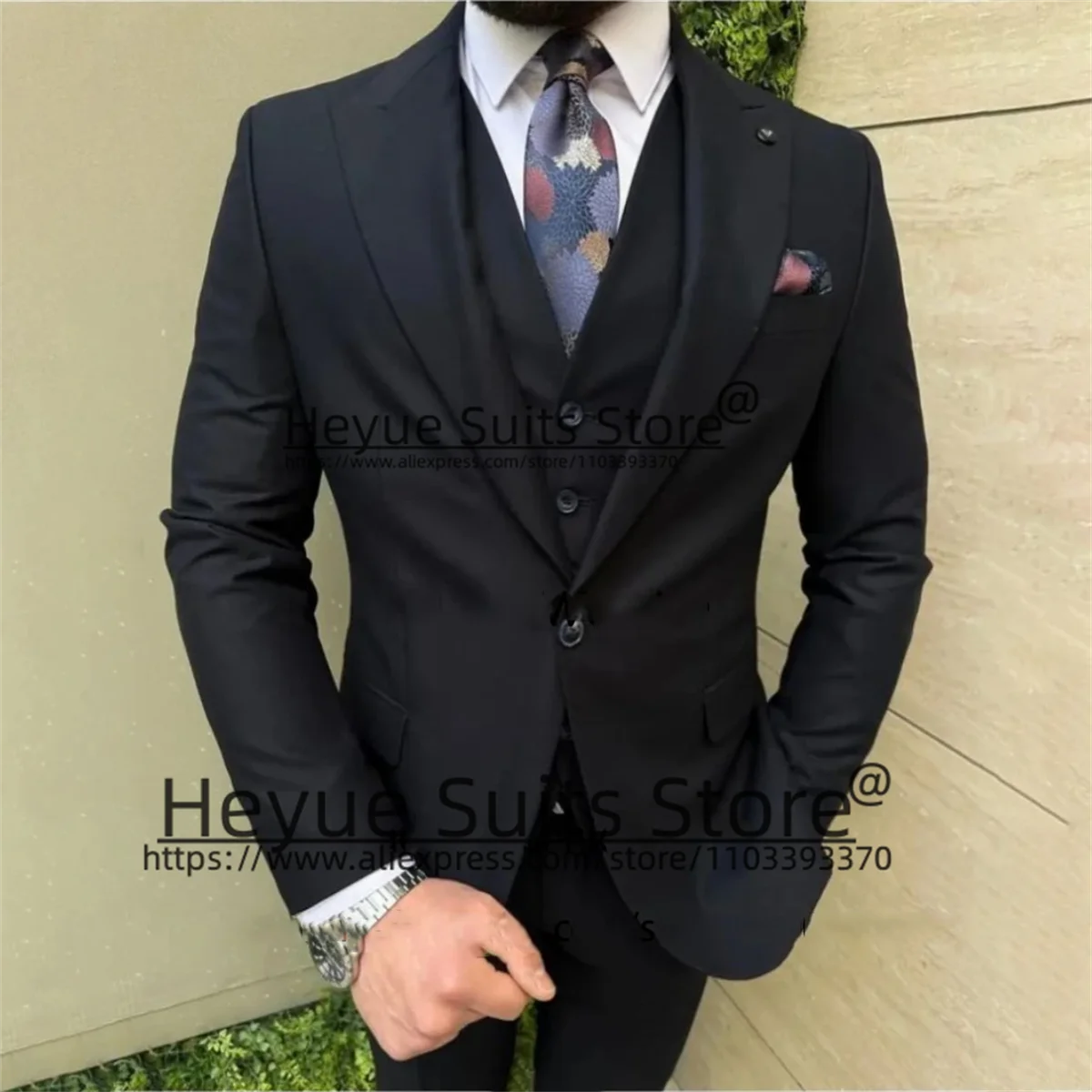 Traje Formal de negocios Para hombre, de 3 piezas esmoquin, color azul marino, con solapa de pico, Elegante, Para novio y boda