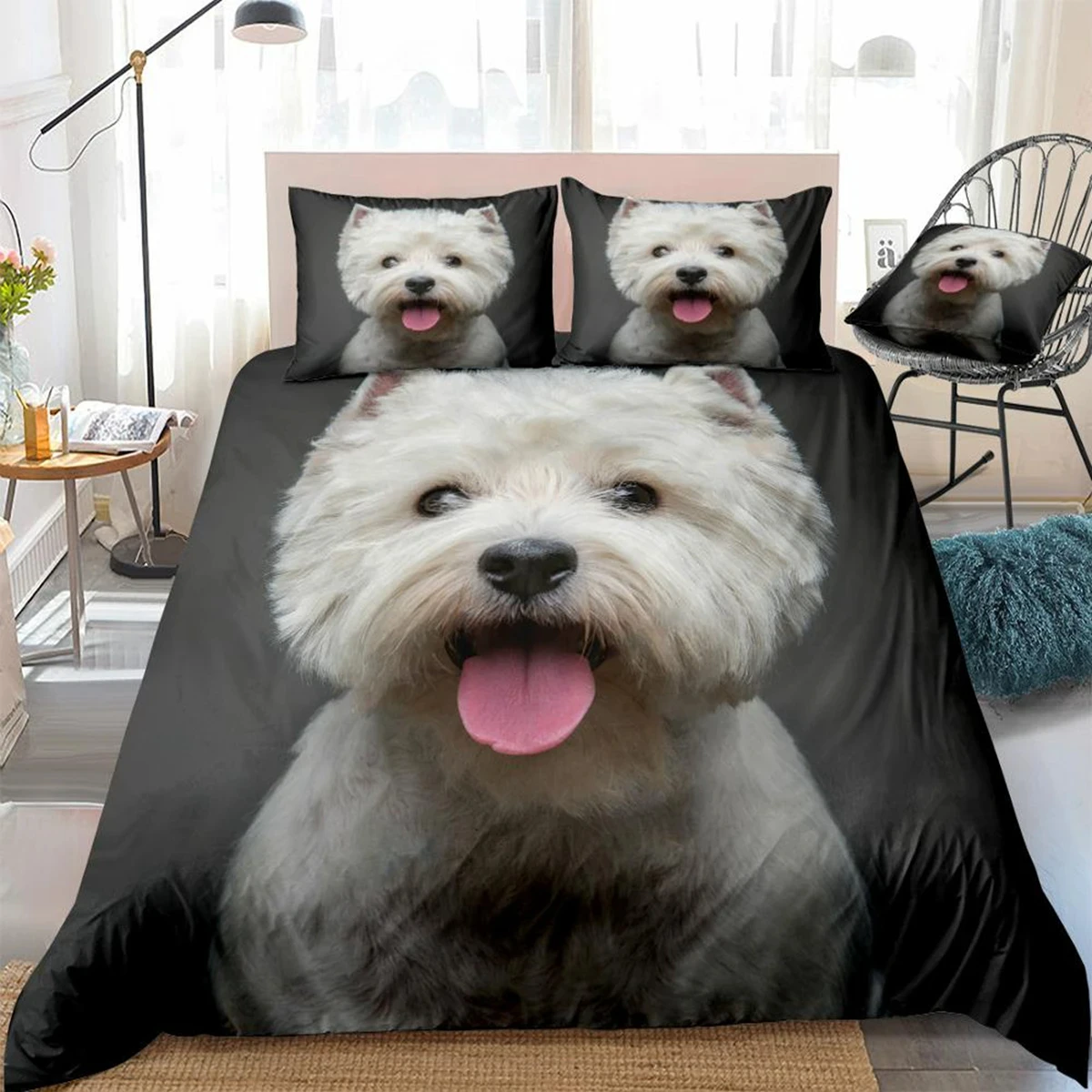 

3D Dog Duvet Cover Set West Highland White Terrier Bed Set White Bedding Boys Girls Cute Pet Quilt Cover 3pcs Dropship