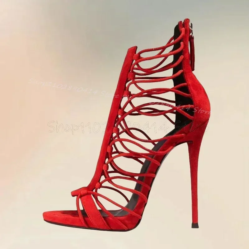 

Red Strappy Hollow Design Open Toe Sandals Back Zipper Women Shoes Thin High Heels Novel Fashion Party 2024 Zapatos Para Mujere