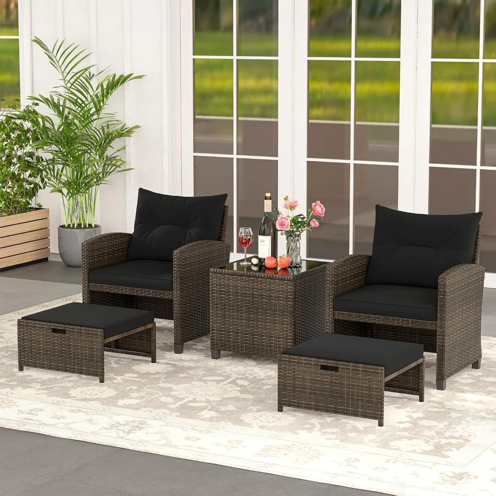 

5 Pieces Patio Furniture Set, Wicker Conversation Set w/Cushions, Glass Coffee Table, Outdoor Rattan Lounger Chairs Bistro Set