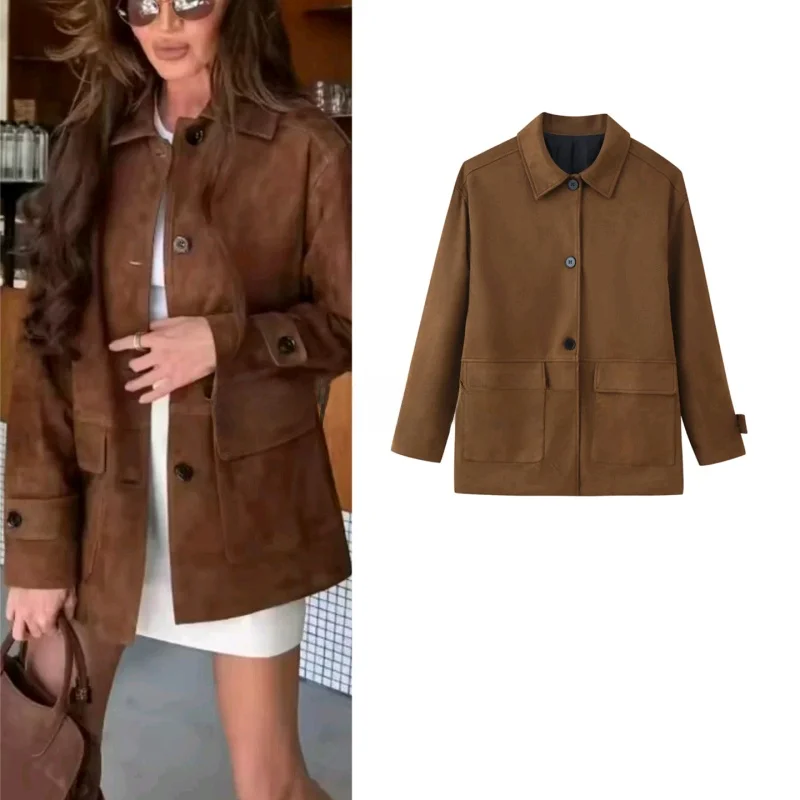 

Новое осеннее поступление, женское замшевое пальто в американском стиле ретро с одной пуговицей и длинным воротником-стойкой, повседневное пальто