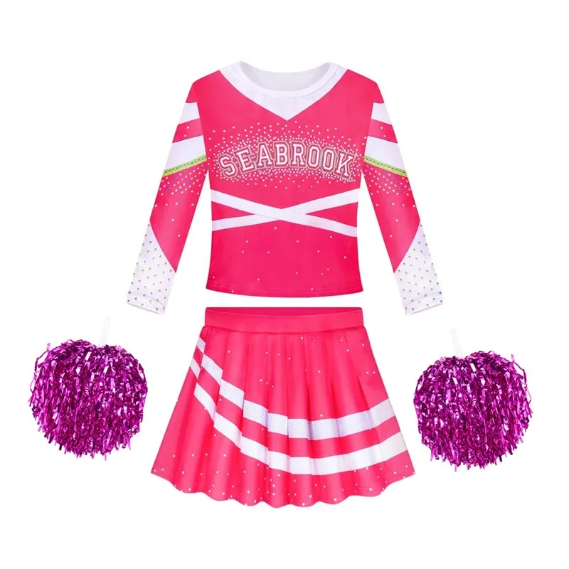 Filme zumbis addison cosplay trajes crianças meninas cheerleader topos e saia com flor bola roupas para festa de halloween
