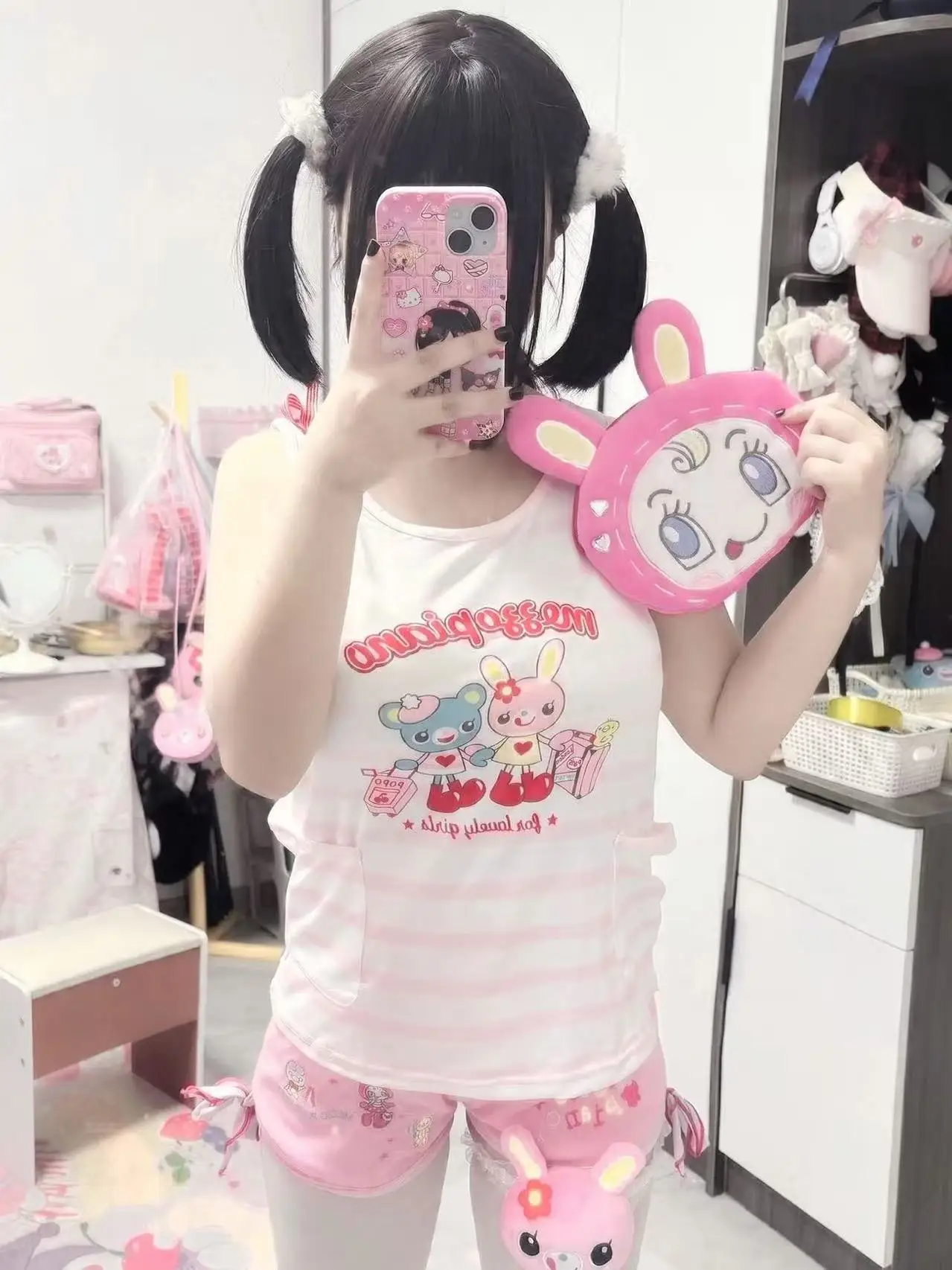 

Japanese Sweet Cartoon Mp Printed Cute Girl Sleeveless T Shirt Summer Striped Double Pockets Bow Shoulder Tank Top Y2k Top