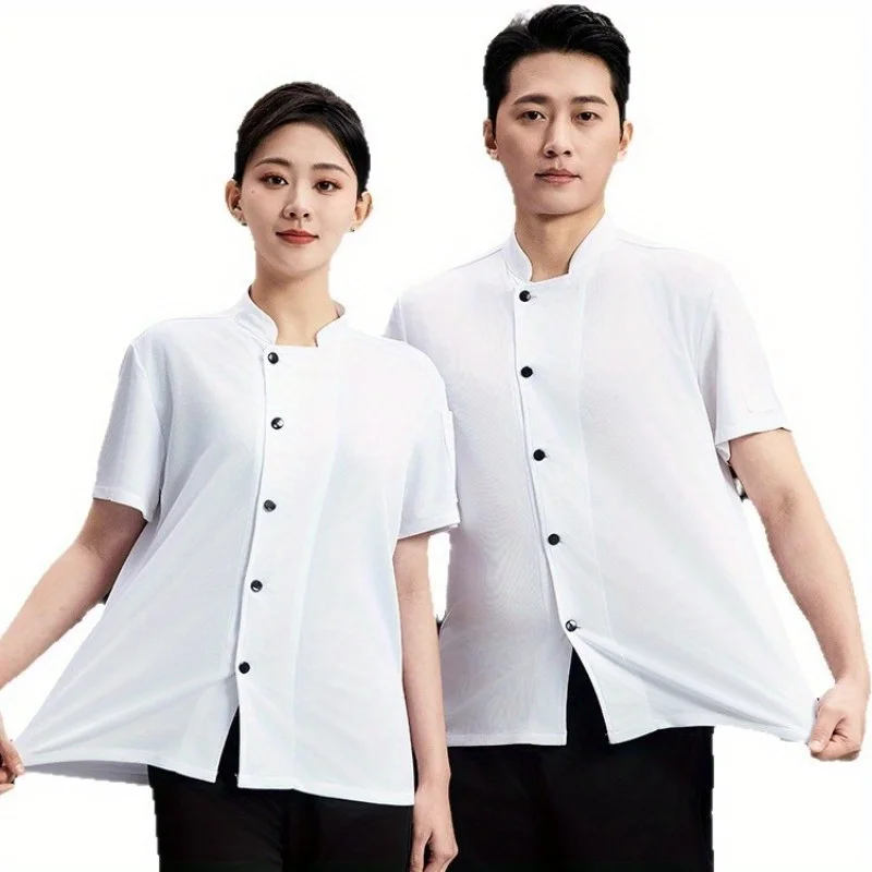 Breathable Restaurant Outfit Kitchen Work Shirt Men's and Women's Short Sleeved Chef Jacket Food Service Cooking Uniform