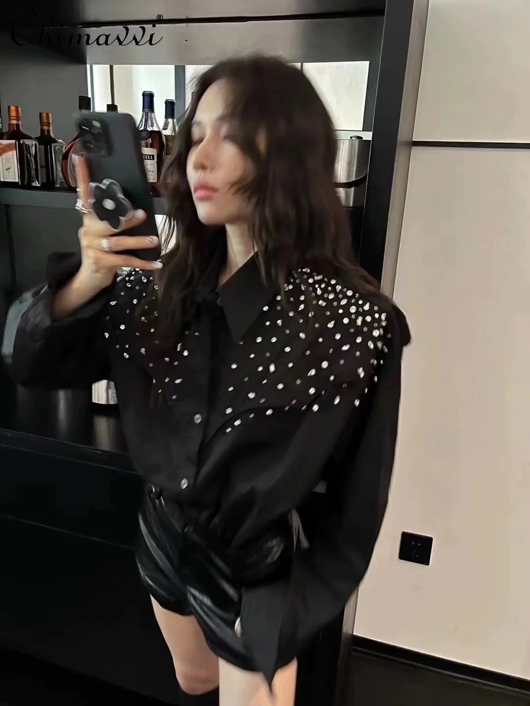 

Heavy Rhinestone Loose Long-Sleeved Shirt 2024 Spring and Autumn New OL Fashion Stitching Streetwear All-Matching Blouse Tops