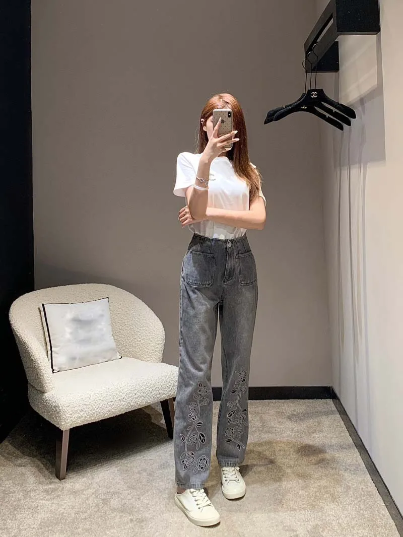 Basic Women's Jeans Fashionable Sweet Temperament Youthful Cute Embroidered Flower Hollow Grinding White Pants