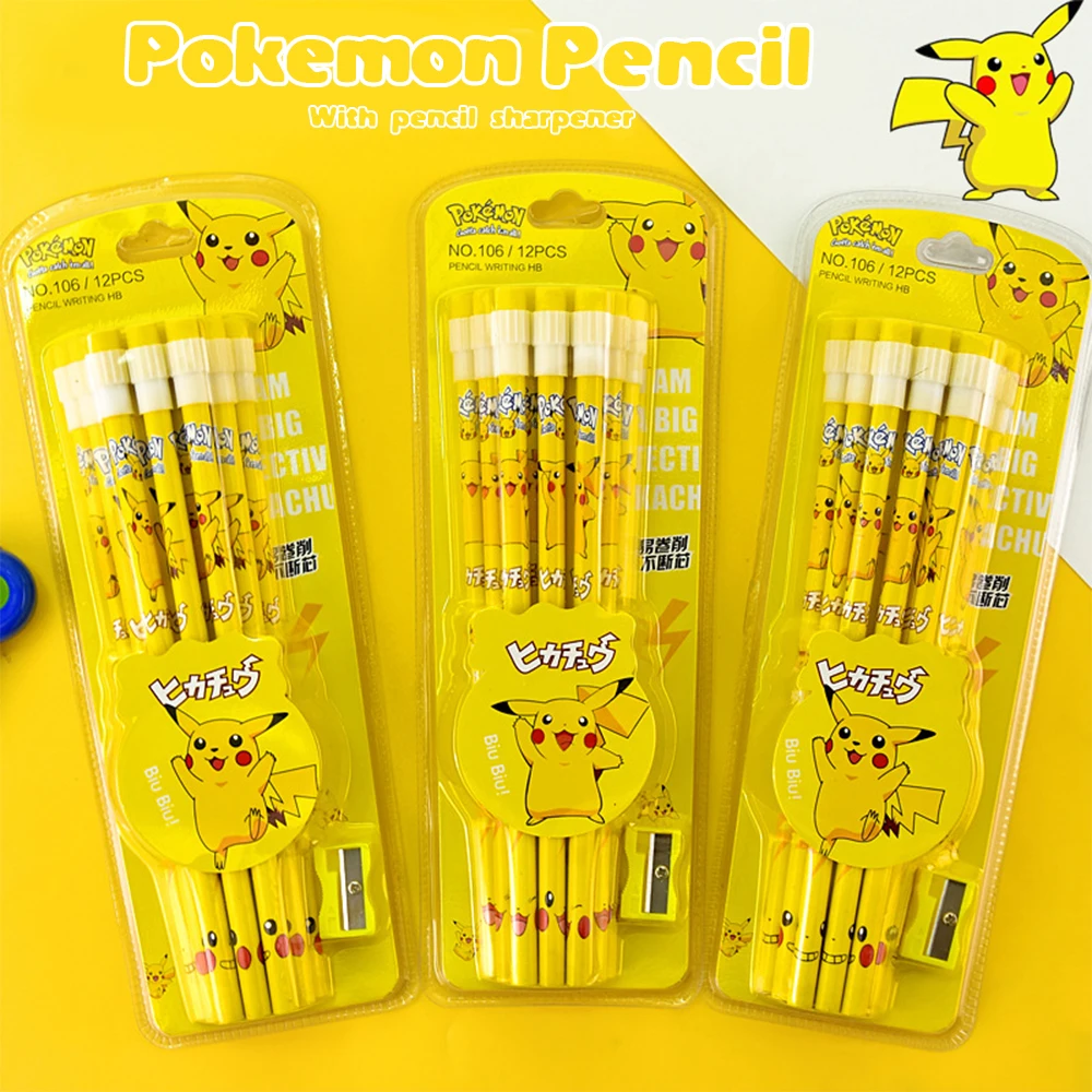 12pcs Pokemon Pikachu Pencil Anime Figure Cartoon Pencil Kawaii Student Stationery Kids Birthday Xmas Gifts