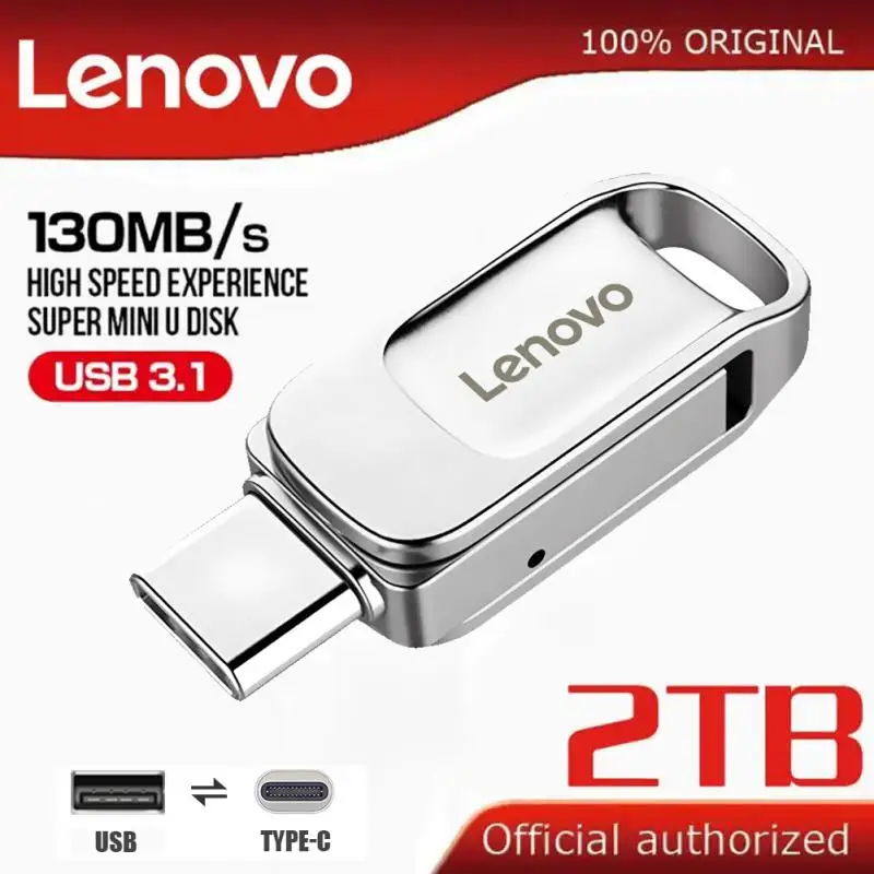 Lenovo 2TB USB Flash Drives Mini Metal Real Capacity Memory Stick Black Pen Drive Creative Business Gift Silver Storage U Disk