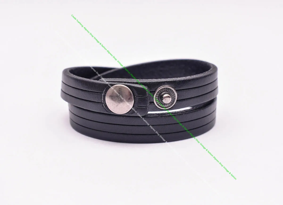 Handcraft Casual Biker Quality Black Line Strip Cowhide Veg Genuine Leather 2 Wrap Bracelet Wristband Cuff Bangle