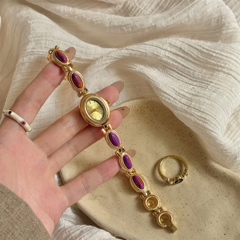 

Винтажные цветные драгоценные камни, женские часы, овальные роскошные кварцевые часы, подарок, элегантные наручные часы