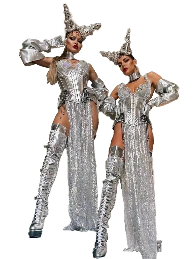 

New Designer Sliver Performance Suit Women Sexy Sequins Sets Nightclub Party Celebrate Dance Singer Costume Stage Wear Show