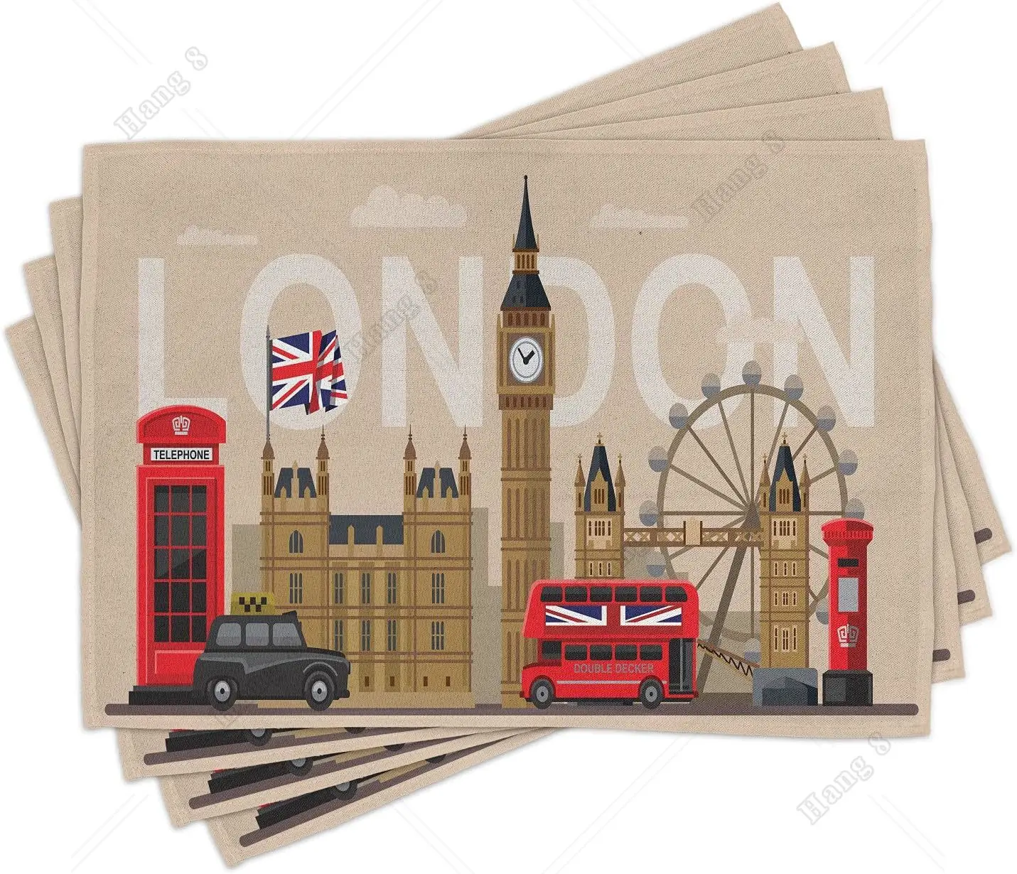 

London Place Mats Set of 4 Famous Britain Landmarks Monuments Art Pattern Touristic Travel Destination Washable Fabric Placemats