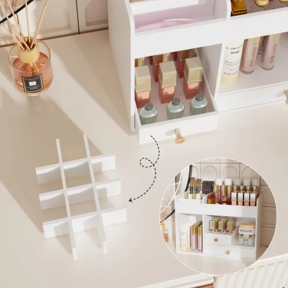 منظم مكياج من الخيزران مع أدراج لتخزين مستحضرات التجميل، لا يتطلب تجميع باللون الأبيض #4