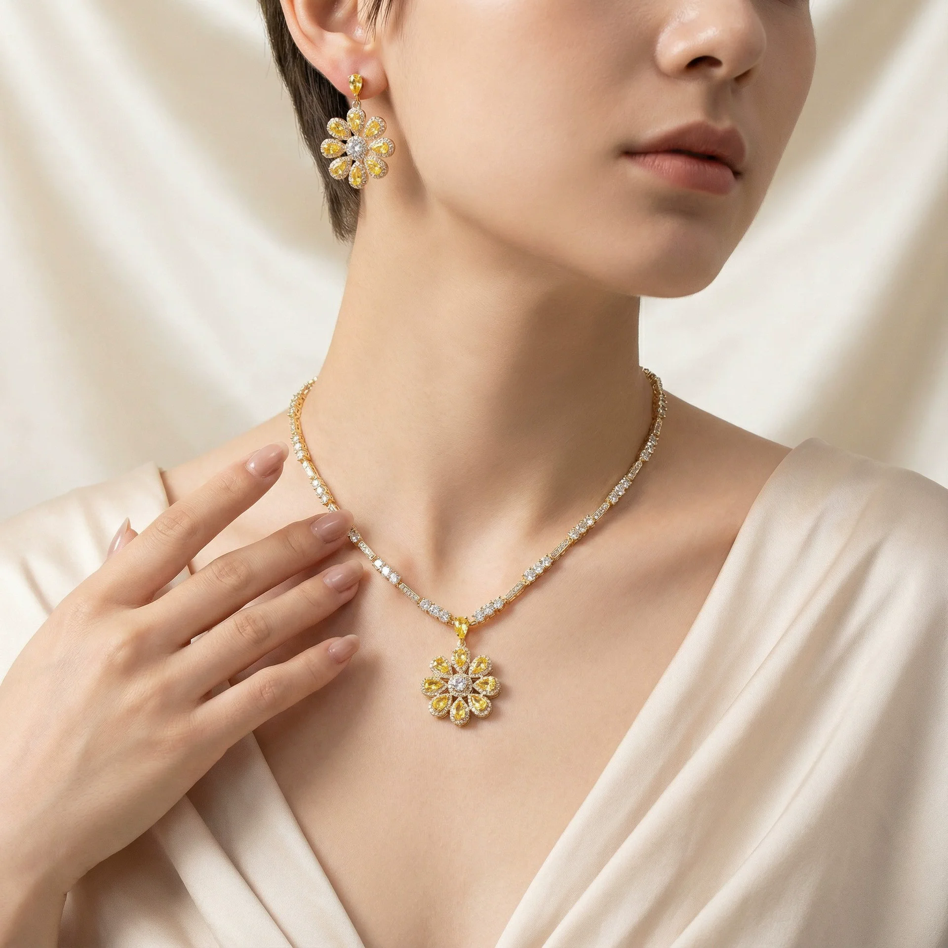 

Роскошный комплект украшений с цветочным дизайном для женщин, свадебный комплект из кубического циркония (CZ) с колье и серьгами, подарок для свадебной вечеринки.