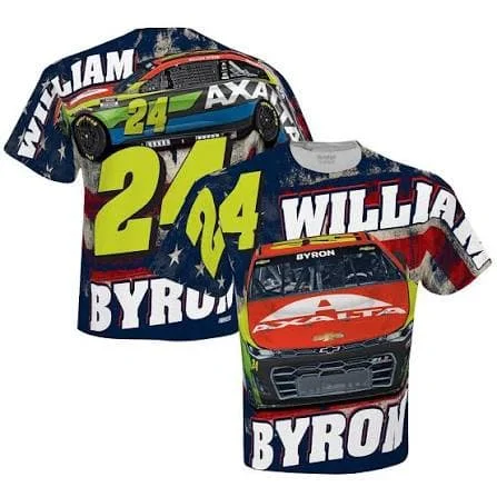 New William Byron #24 Axalta NASCAR  Short Sleeve Parent Kids Patriotic Flag Racing Sports Fan Casual T Shirts Family Matching