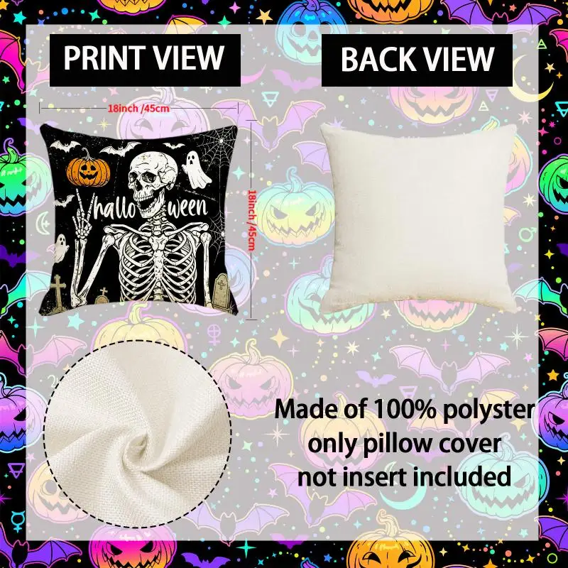 2 Stück Halloween-Totenkopf-Kissenbezüge, Dekokissen mit Kürbis- und Krähendruck für Wohnzimmer-Sofa – Detail 4