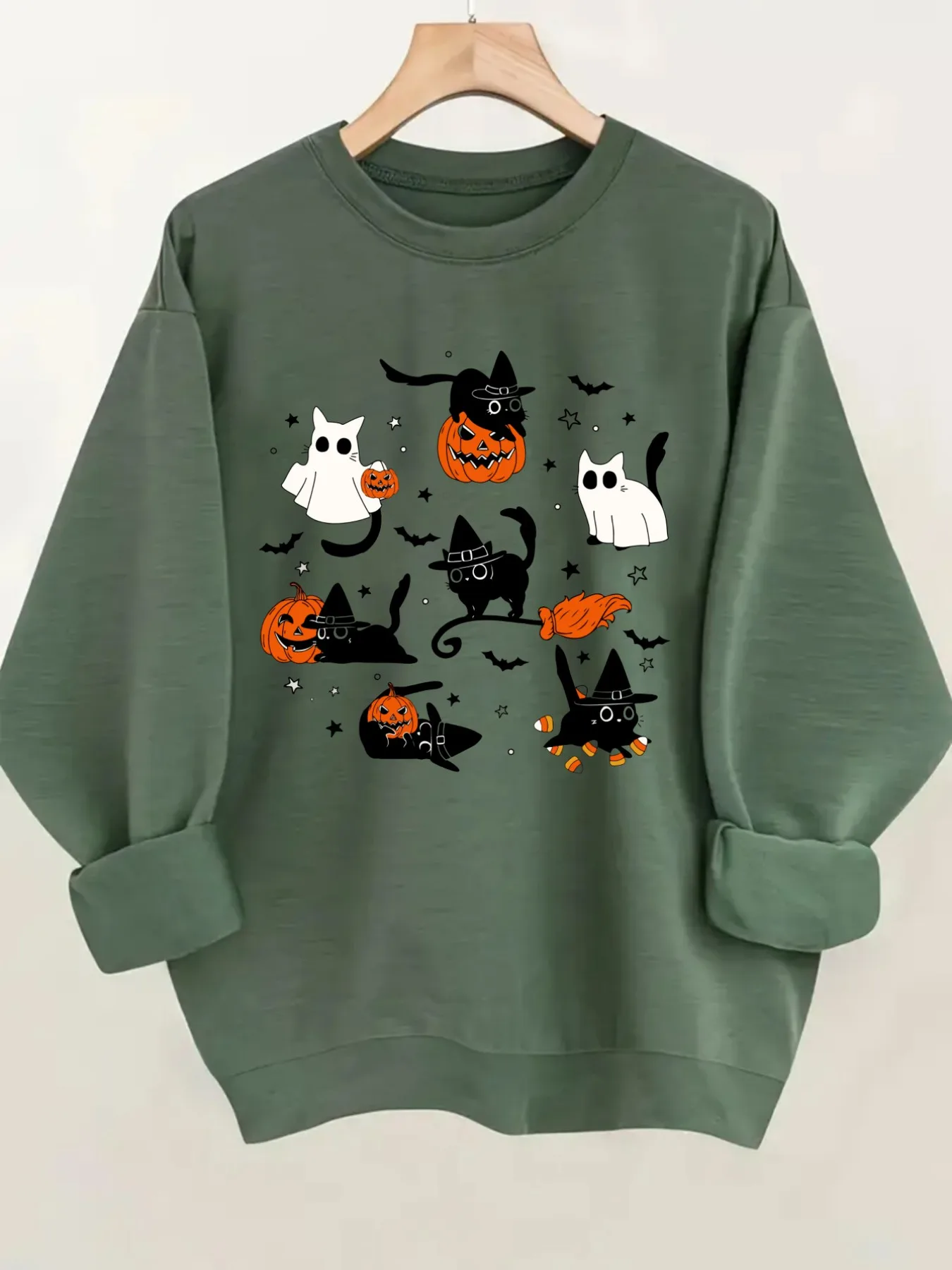 Women's Crewneck Pullover Sweatshirt Halloween Cat Print Design, Soft Casual Long Sleeve, Daily Casual Top Outfit, Winter Women's Clothing, Halloween Costume Outfit
