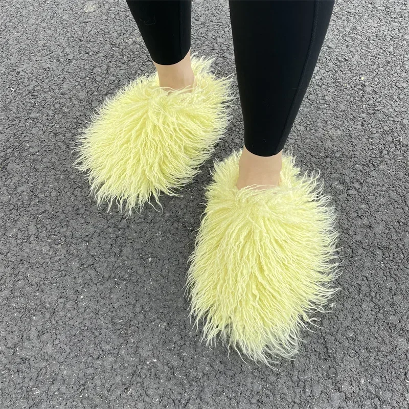 Women Autumn Winter Furry Fur Slippers Fluffy Faux Mongolian Fur Slides Warm Plush Slippers Fuzzy Flip Flops Luxury Woman Shoes