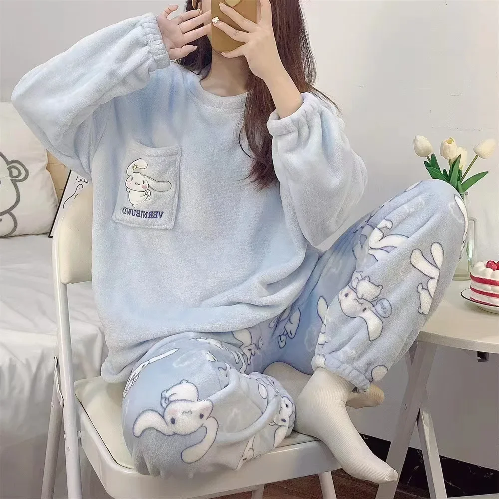 Sanrio Anime Cinnamoroll Kuromi Pajamas Kawaii Flannel Pullover Coral Velvet Winter Warm Cute Pajamas Homewear Girl Gifts