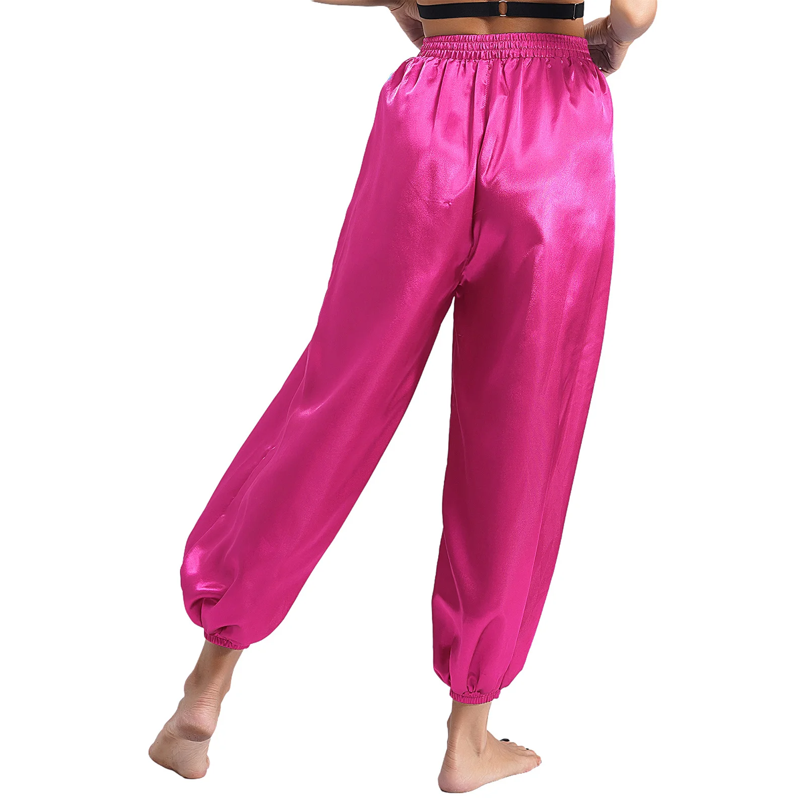 Pantaloni da danza del ventre da donna, casual, larghi, in tinta unita, con elastico in vita, in raso, per feste a tema, costume da spettacolo di danza del ventre