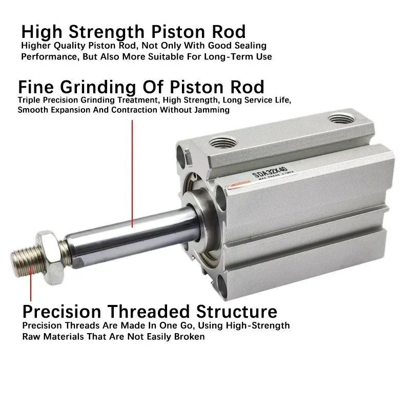 SDA16 20 25 32 40 50 63 80 100mm Bore Compact Thin Air Cylinder 5-100mm Stroke Double Action Aluminium Pneumatic Cylinder