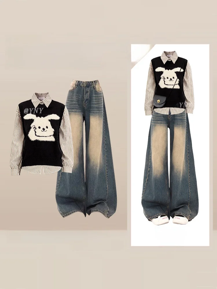 

Женский вязаный жилет Ele College Sle в полоску и джинсовый комплект из футболки для осени, повседневный свободный крой, модный