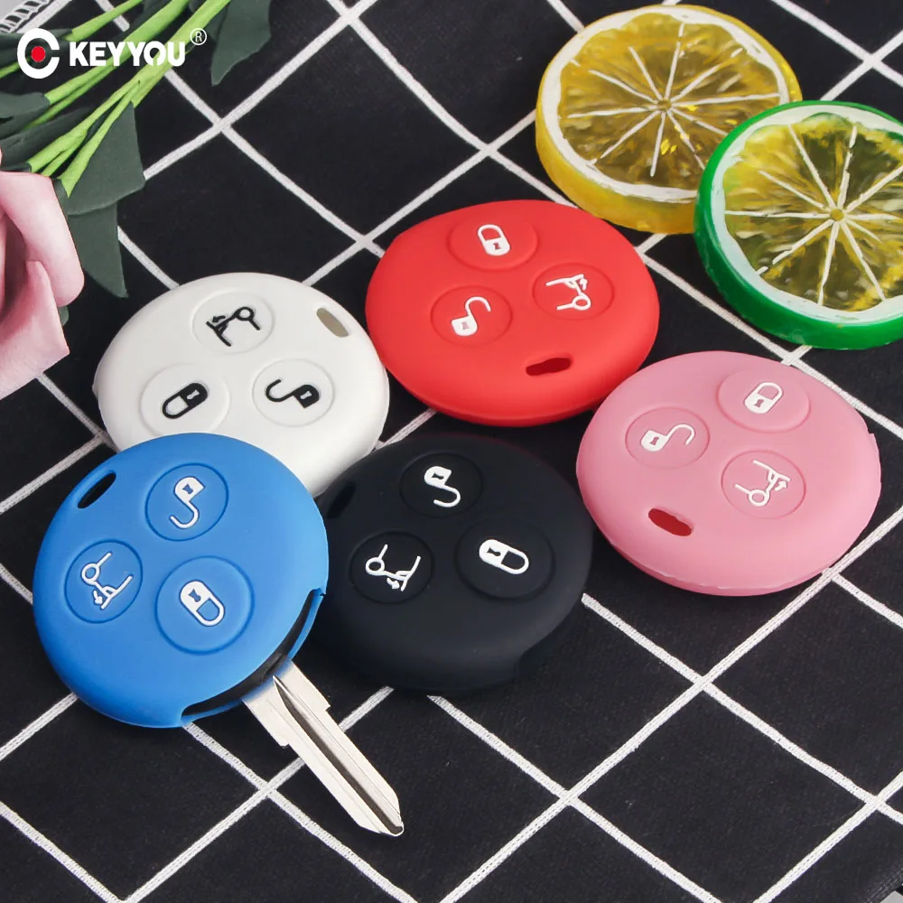 KEYYOU Key Rings Silicone Car Key Cover Case Shell Skin For Mercedes Benz Smart City Fortwo Roadster 3button Car Key Holder