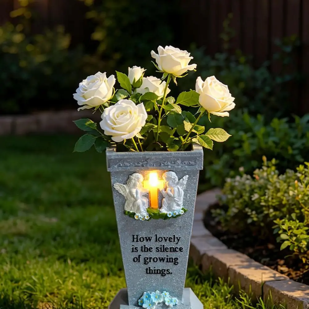Outdoor Solar Grave Vase With Angel Cross Statue Memorial Ornament Flower Holder For Garden Patio Cemetery Decor