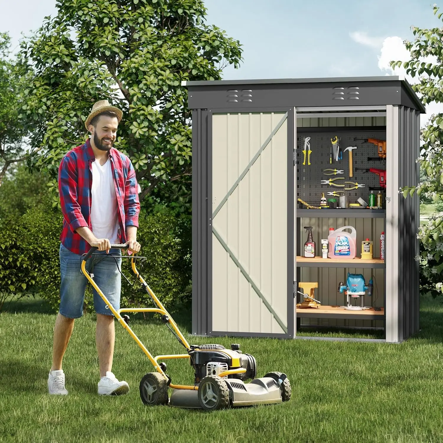 2025 ใหม่ 5 'x 3' กลางแจ้ง Storage Shed Clearance,โลหะกลางแจ้งตู้เดี่ยวล็อคประตู, กันน้ําเครื่องมือ Shed