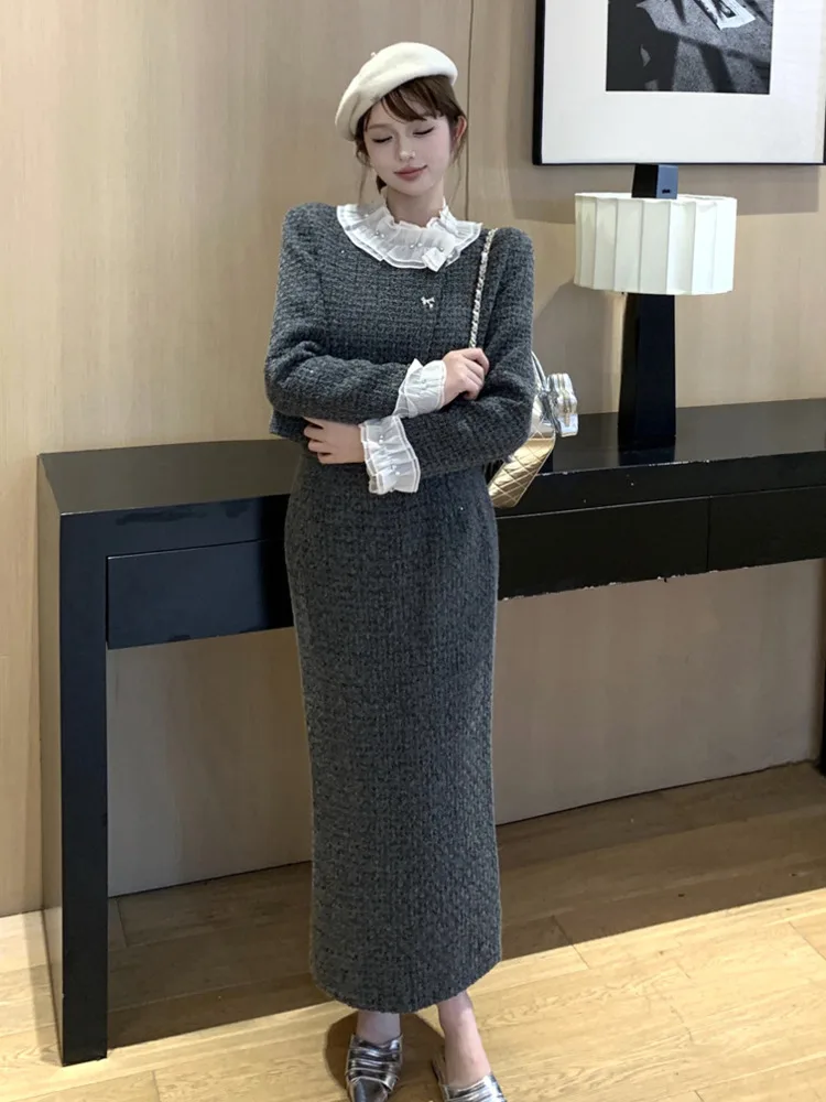 High Quality Winter French Vintage Cotton Thickened Two-piece Sets For Women Woolen Jacket Coat + Long Skirt 2 Piece Outfits