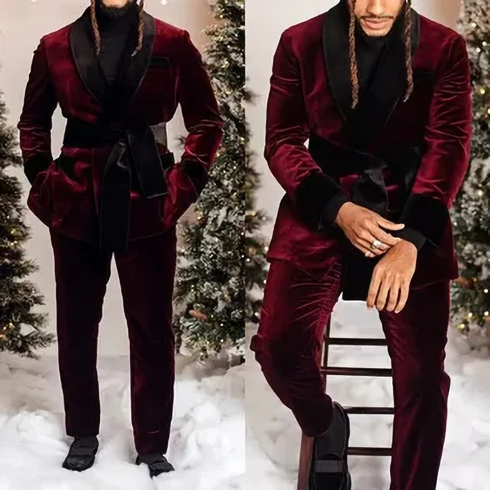 

Burgundy Velvet Suits for Men Chic Shawl Lapel Single Button Male Suit with Belt Fashion Party Prom Wedding Tuxedo 2 Piece