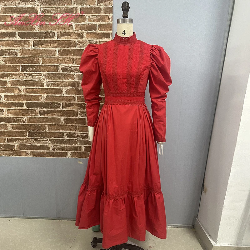 

AnXin SH princess red cotton long sleeve o neck flower lace ruffles zipper a line big bow party customized evening dress
