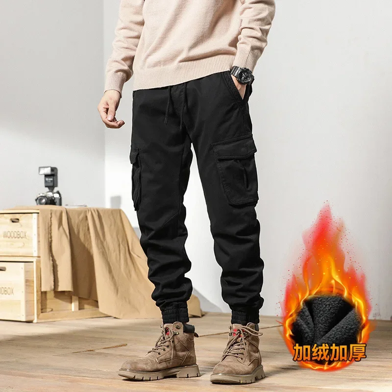 

2023 New Multi-Pockets Winter Cargo Pants Men Fleece Liner Thick Warm Slim Fit Joggers Streetwear Casual Cotton Thermal Trousers