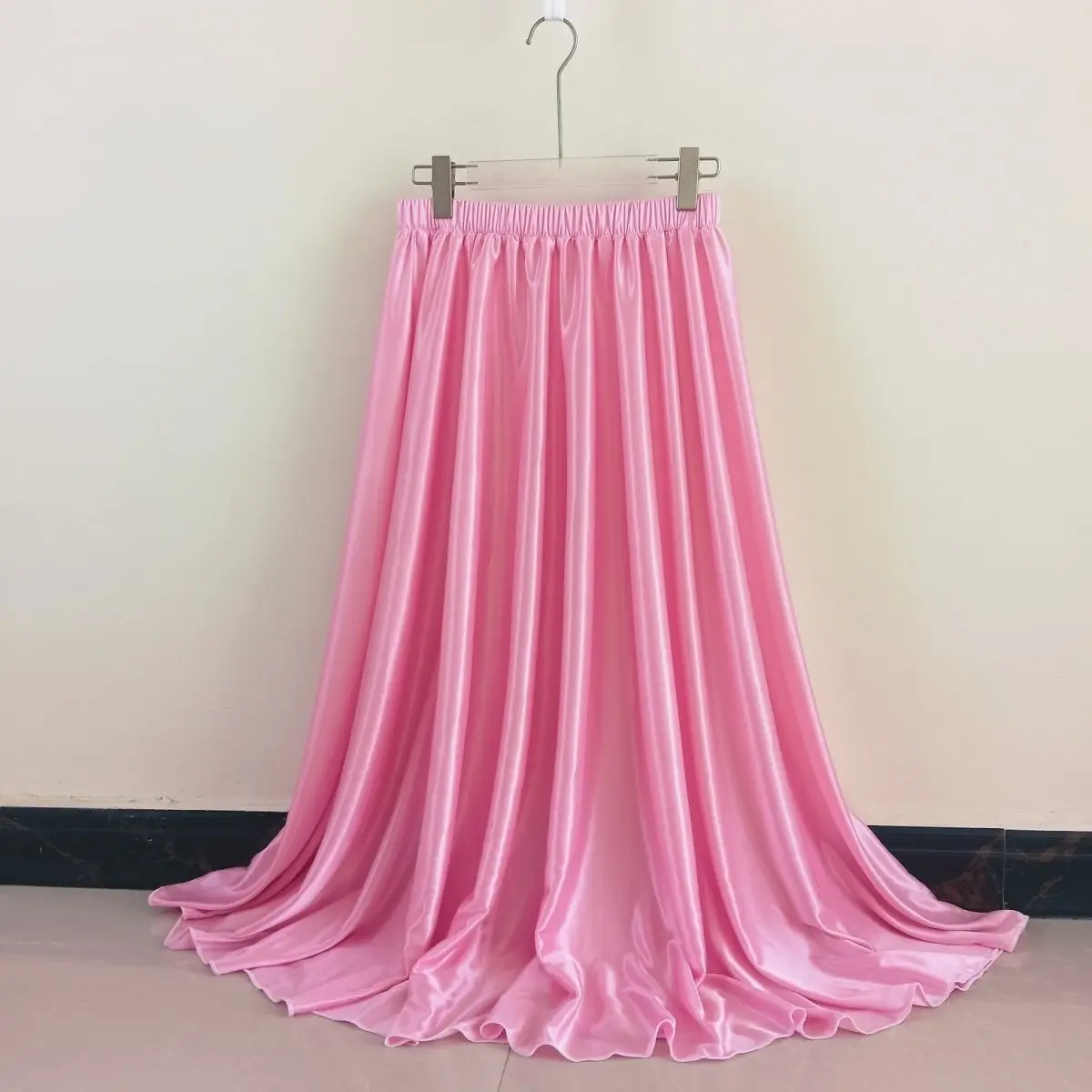

Glossy Pleated Satin Silk Sexy Women High Waist Maxi Skirt Loose A Line Long Bottoms