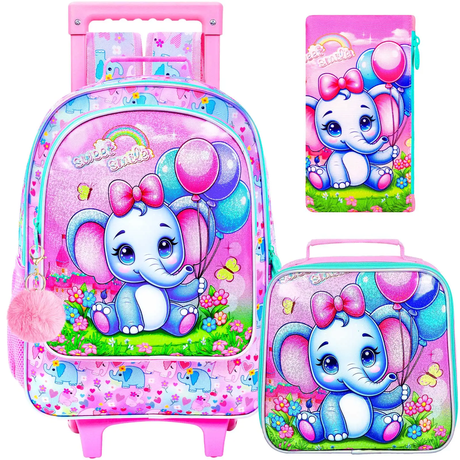 

Рюкзак на колесиках из 3 предметов для девочек, детская сумка для книг на роликах, школьная сумка на колесиках с сумкой для обеда - розовый слон