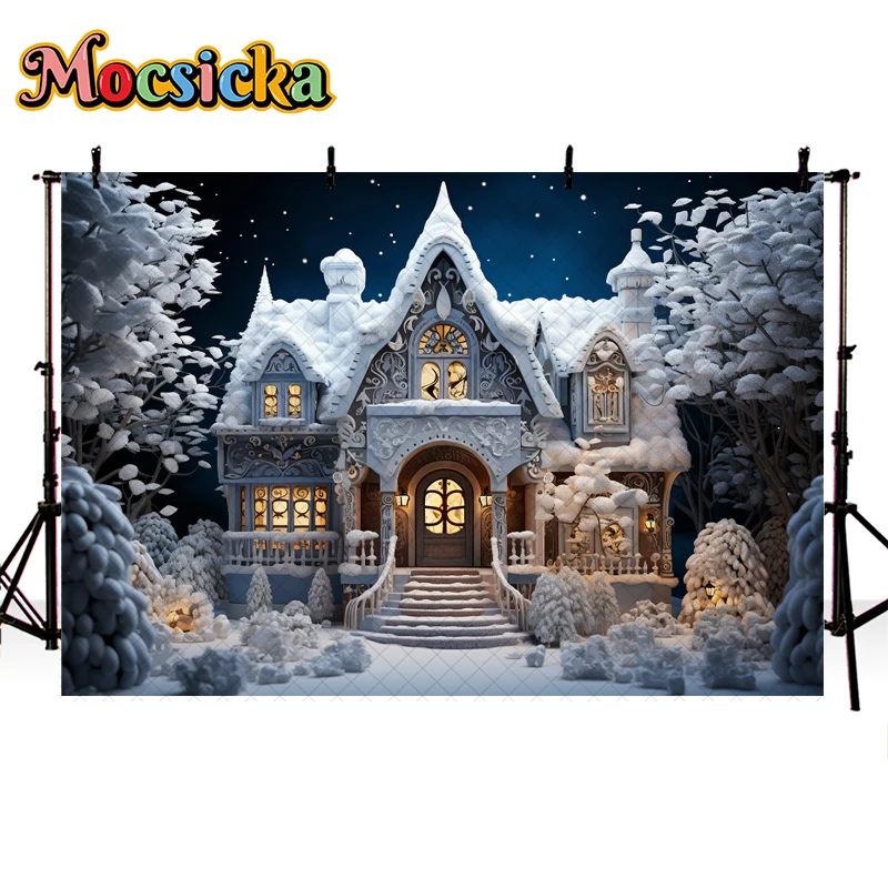 Arrière-Plan de Photographie de Noël d'Hiver, Thème Monde Glacé, Arbre de Noël, Blanche Neige, Décor de Maison, pour Portrait d'Enfant et d'Adulte, Studio Photo