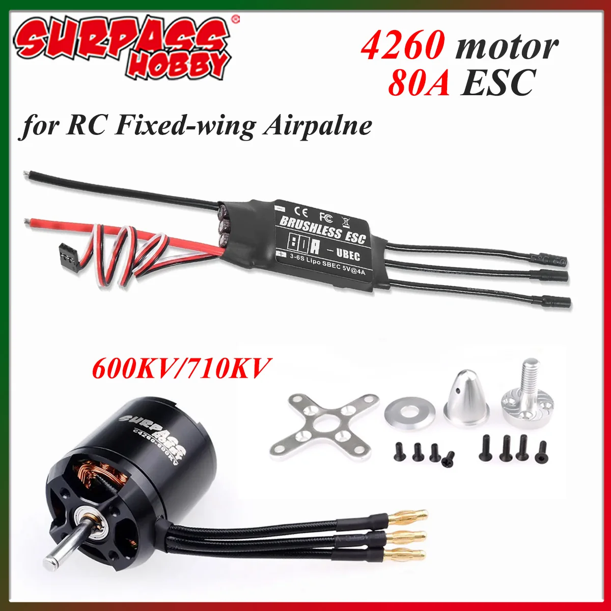 

Surpass Hobby 4260 600KV 710KV Brushless Motor 80A ESC Combo for RC Fixed-wing Airpalne Aircraft Multicopters Drone DIY Parts