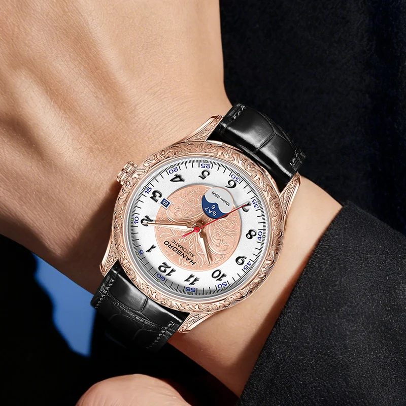 HANBORO Men Automatic Watch 41.5mm Mechanical Wristwatch 10ATM Waterproof Sapphire Mirror Luminous Carved Case Miyota 8205