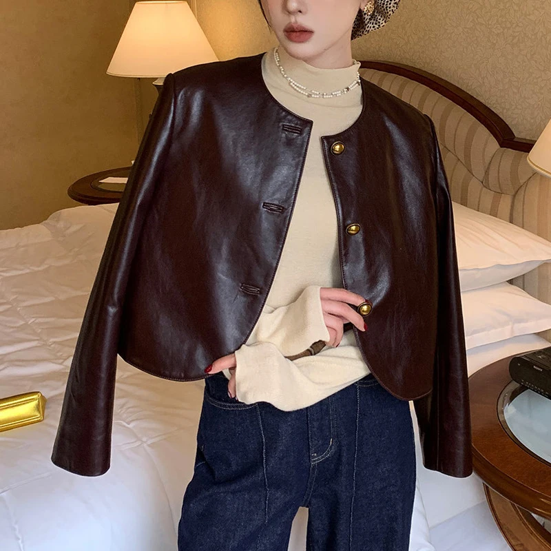 Vintage Wine Red Women's Real Leather Jackets Chic O-neck Single Breasted Female First Layer Sheepskin Short Jackets Coats 2025
