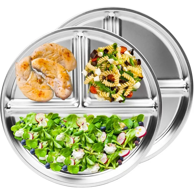 4Pcs 304 Stainless Steel Partitioned Dining Plate Breakfast Plate Baby Children's Breakfast Plate Fat-reducing Meal Plate Fruit Plate for Weight Loss and Fitness