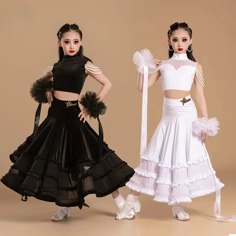 

2026 New Children Ballroom Dance Dresses Girls Waltz Tango Standard Dancing Performance Costume Black White