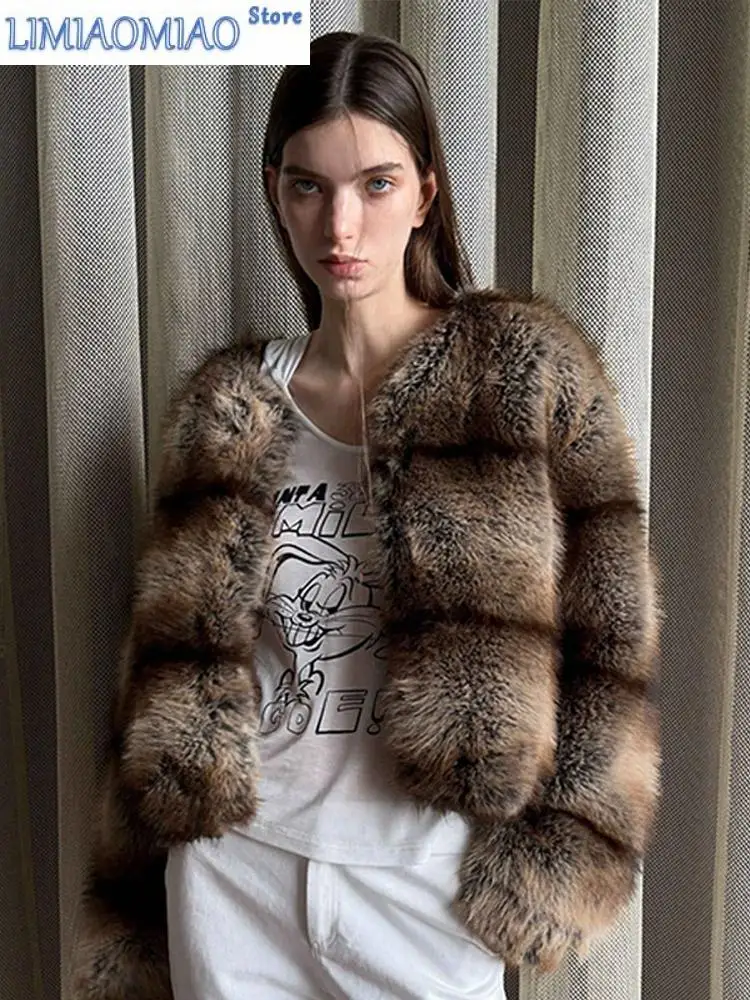 Winter Thick Warm Fluffy Faux Fur Coat Women Long Sleeve Crop Jacket Overcoats Casual Female Brown Cropped Coats Outerwear