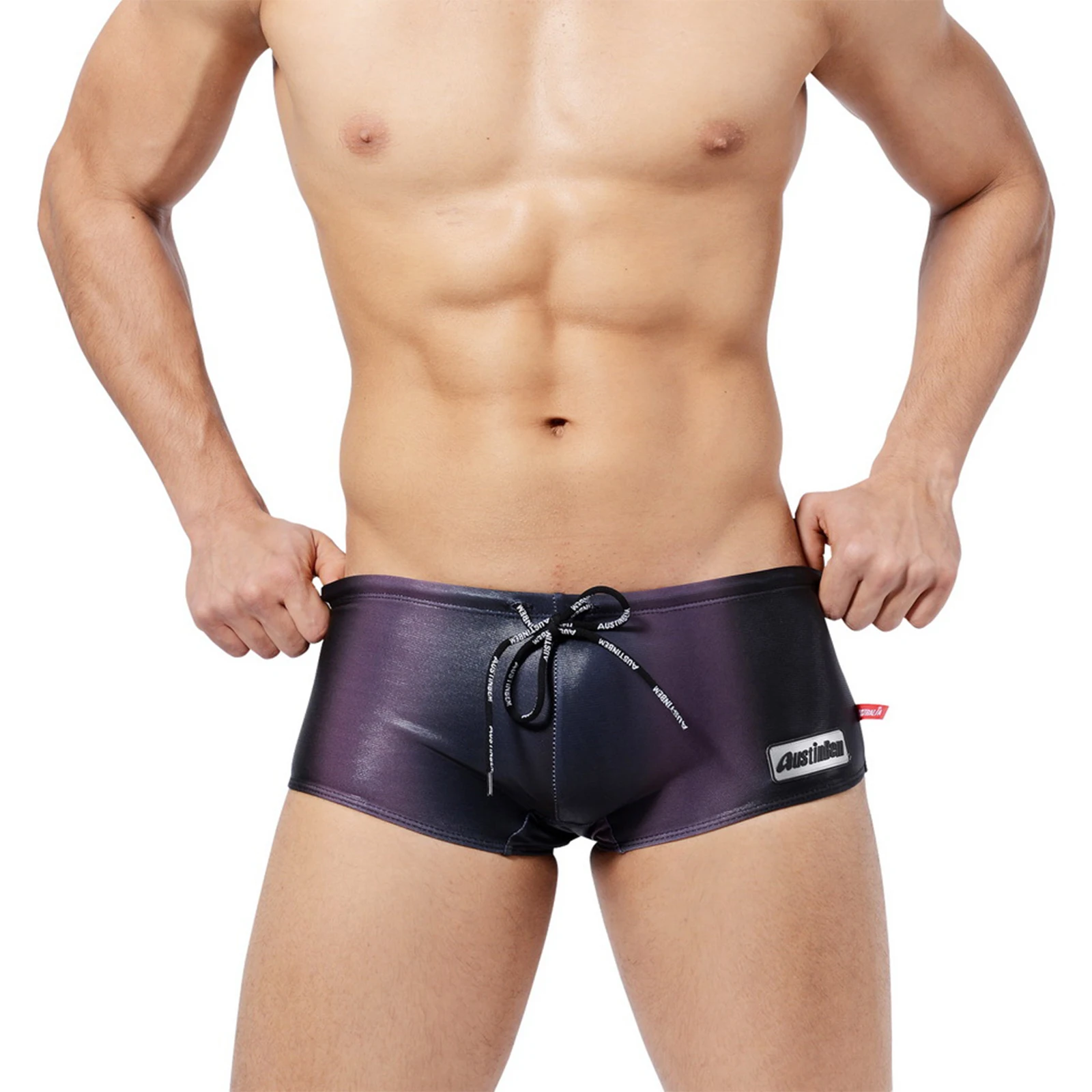 Cordão ajustável masculino elástico na cintura Shorts, Boxer de baixa ascensão brilhante, calção de praia, roupa de banho