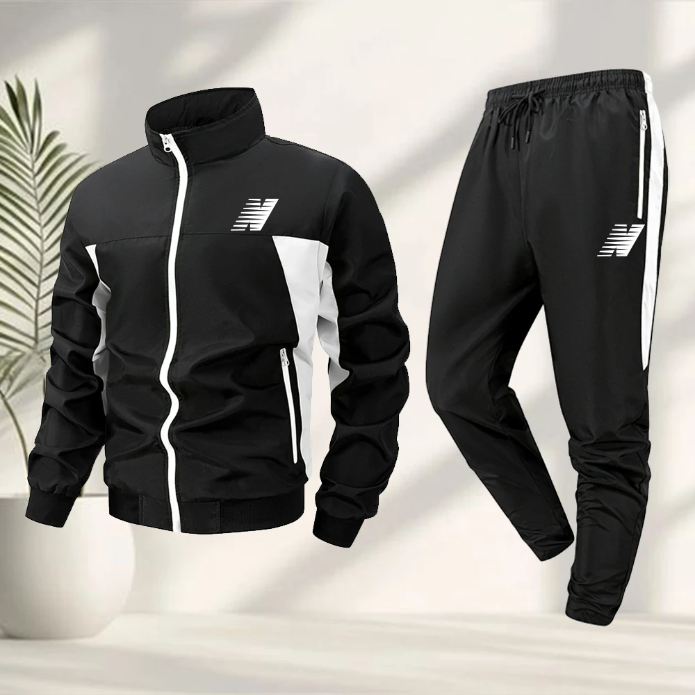Men's Striped Letter N Print Tracksuit Zipper Jacket With Drawstring Trouser Windproof Daily Fitness Jogging Cycling 2 Piece Set