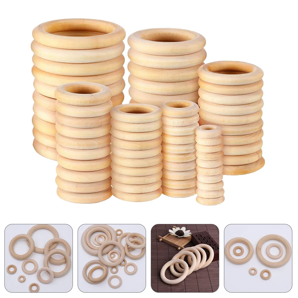 

100 Pcs Wooden Rings Natural Wood Material 7 Sizes Rustic DIY Craft Accessories Curtains Decor Unfinished Circle
