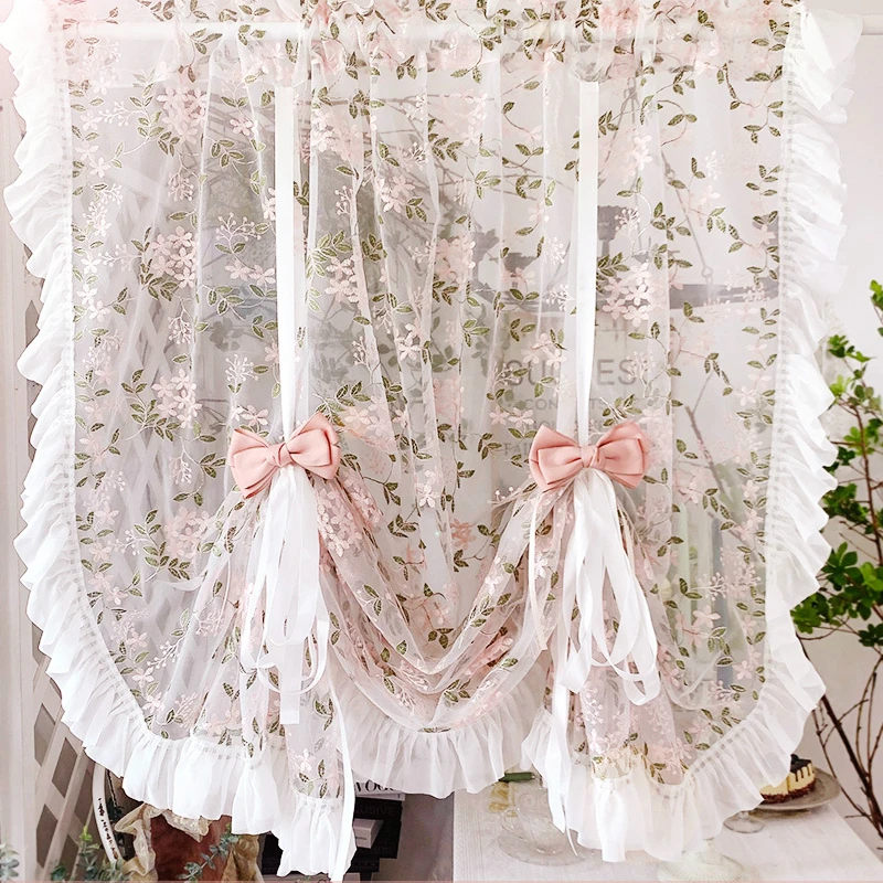 

Pink Embroidered Lace Gauze Pleated Light-transmitting Punch-free Balcony Lift Curtains for Living Dining Room Bedroom