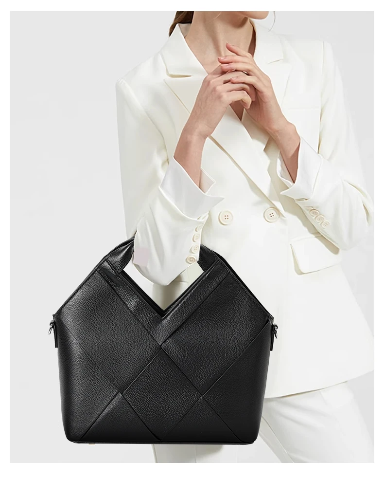 Aidrani Damen-Handtasche aus echtem Rindsleder, schwarz, gewebtes Karodesign, Schulter- und Umhängetasche – Detail 2