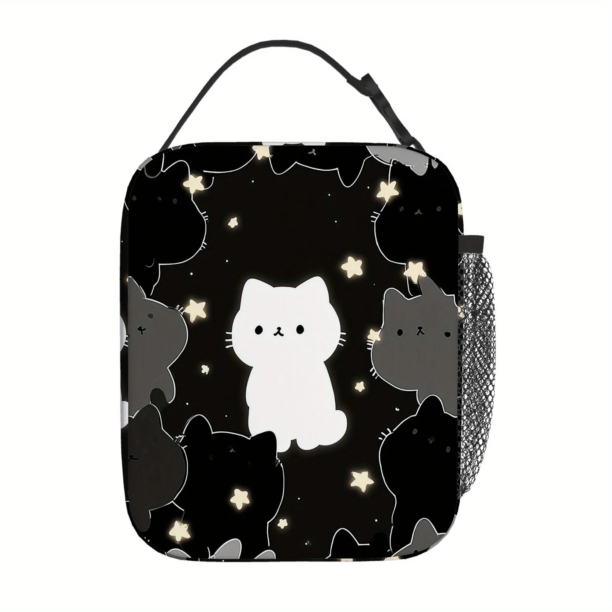 Cute Cat & Glowing Stars Printed Insulated Thermal Bag for Home, Office, Restaurant Use Insulated Lunch Bag